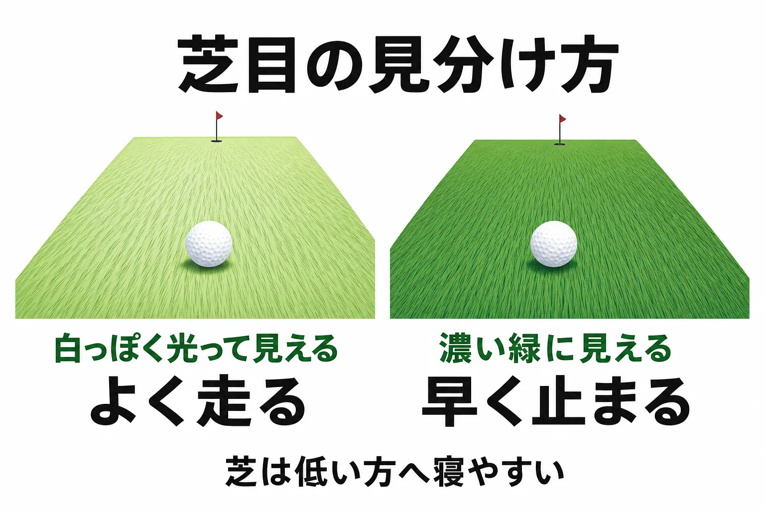 図解: 芝目の読み方｜立つ前に地面の色を見ます