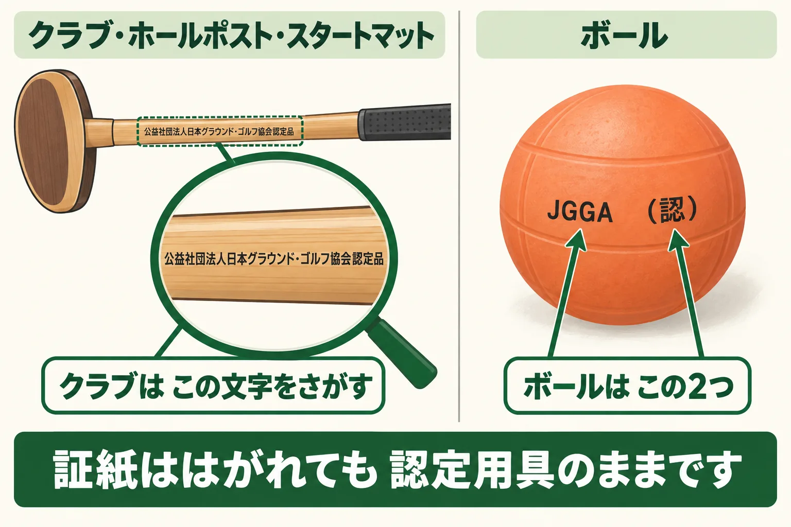 クラブのシャフトに「公益社団法人日本グラウンド・ゴルフ協会認定品」の文字、ボールの表面に「JGGA」と「（認）」の表示がある位置を矢印で示した図