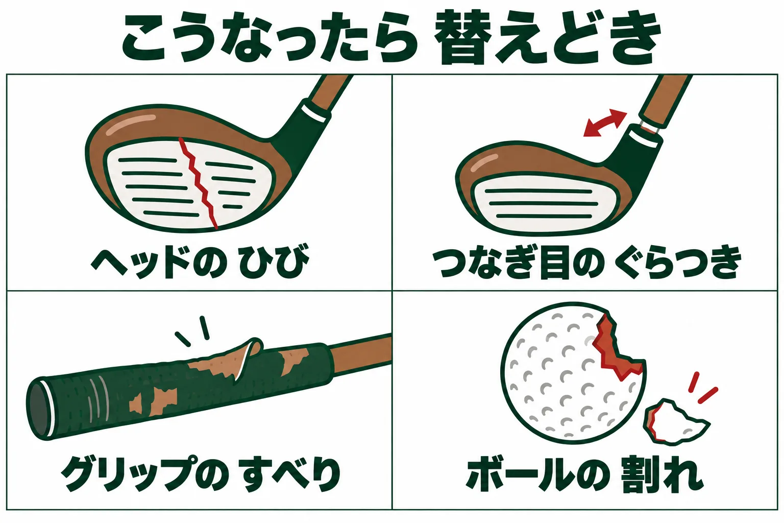 替えどきのサイン。ヘッドのひび、ヘッドとシャフトのぐらつき、グリップのすべり、ボールの割れ。