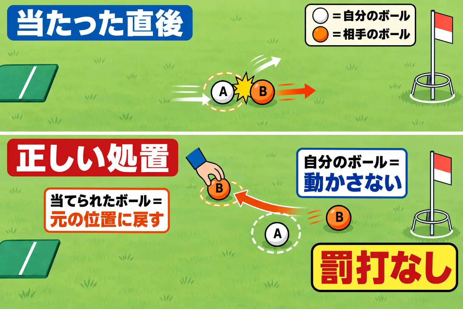 他の人のボールに当たった時の処置図。左から来た自分のボールが相手のボールを右へはじき、自分のボールは止まった位置にそのまま残し、当てられた相手のボールだけを持ち主が元の位置に戻す