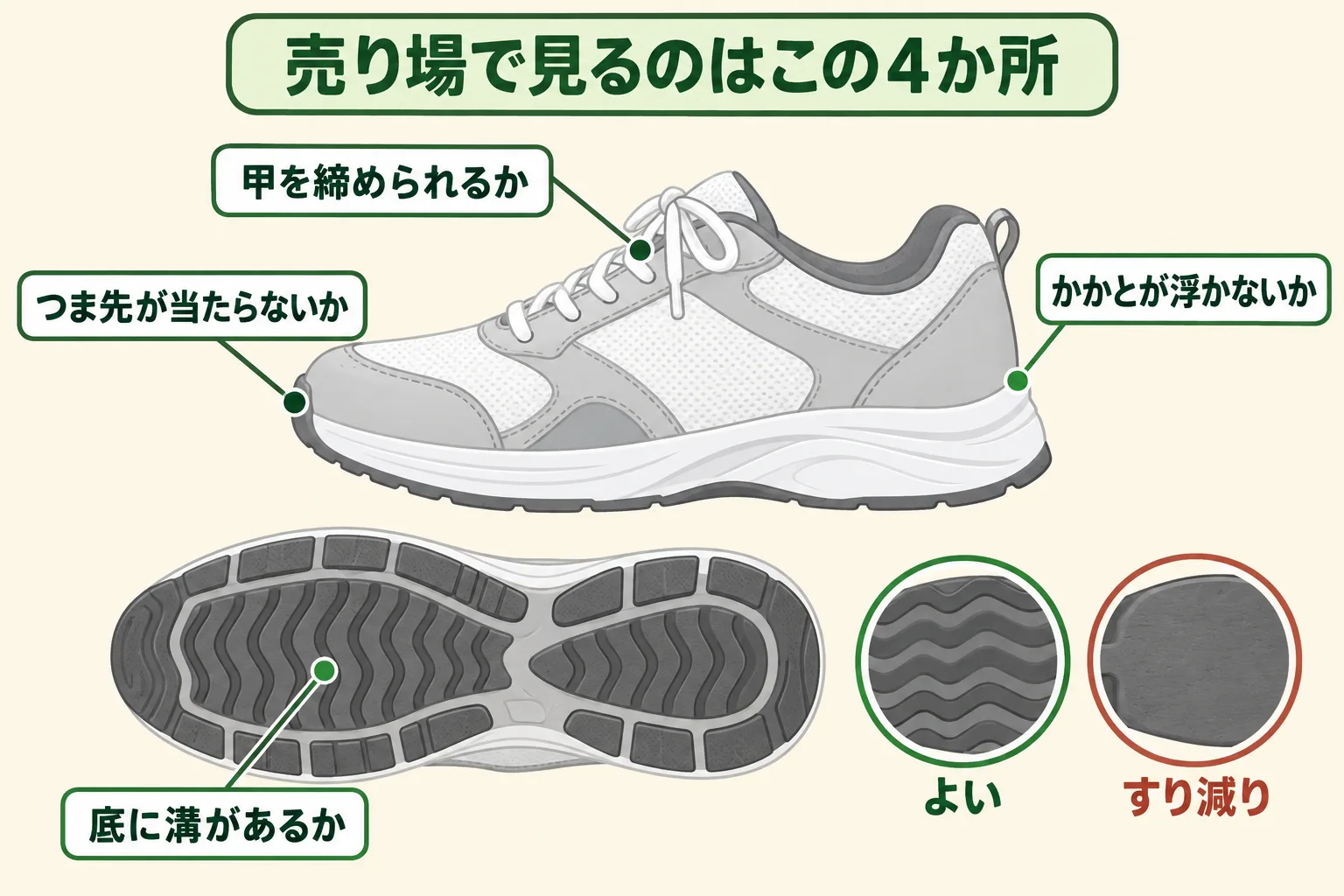 運動靴を横から見た図と靴底を上に向けた図に、靴底の溝・つま先の余裕・かかと・甲の留め具の4か所を示した図