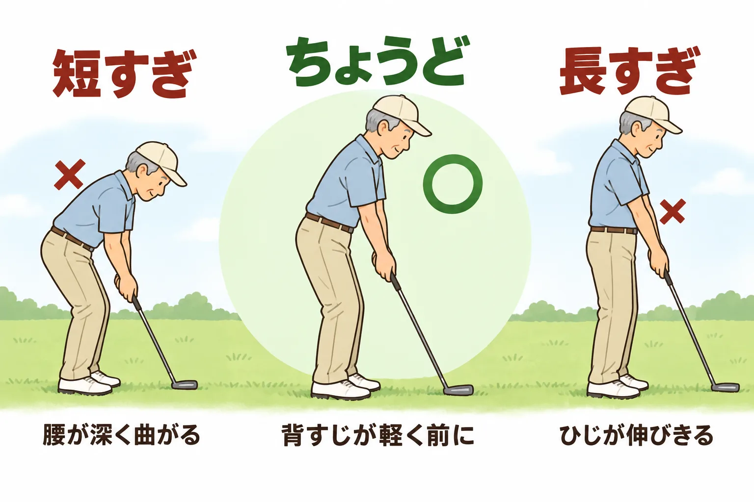 クラブを構えた3つの姿勢を並べた図。腰が深く曲がった短すぎる例、背すじが軽く前に傾いた合っている例、ひじが伸びきった長すぎる例
