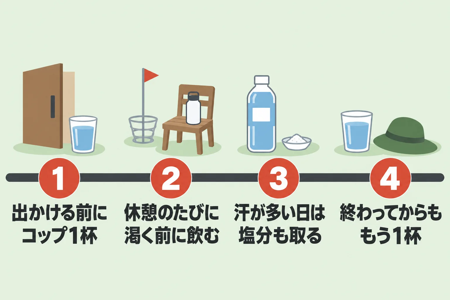 水分を取る4つのタイミング。出発前、休憩のたび、汗の多い日は塩分、終わってからを順に示した図。