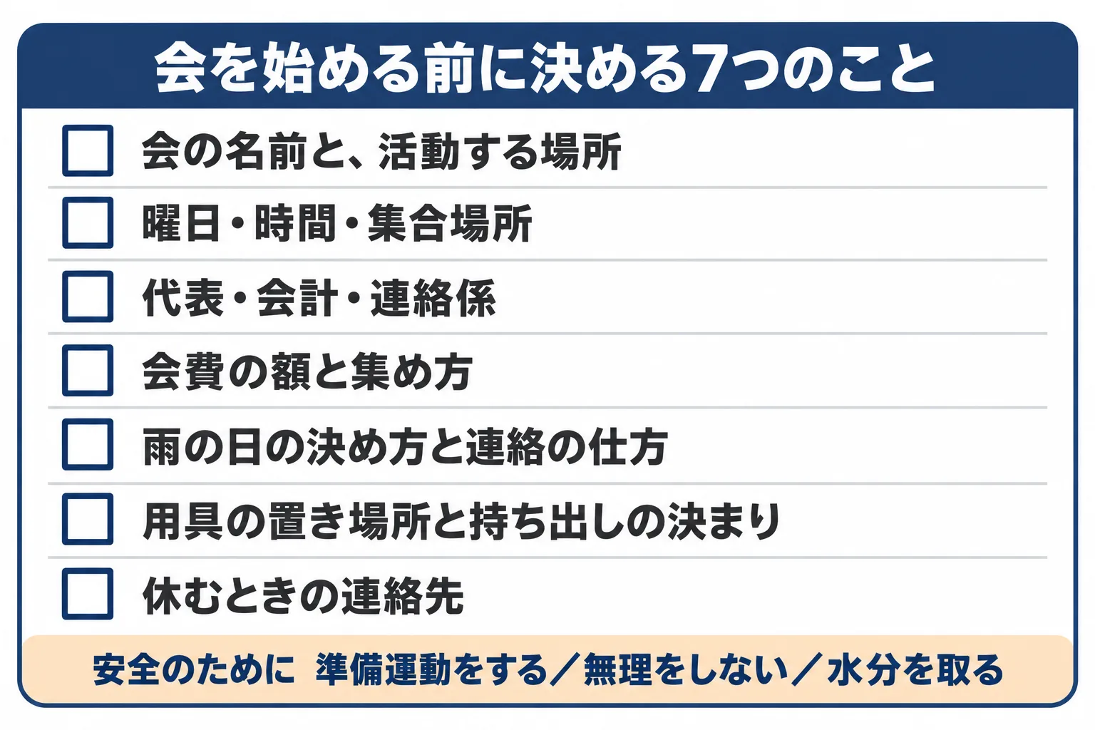 会の決めごとを並べたチェックリスト